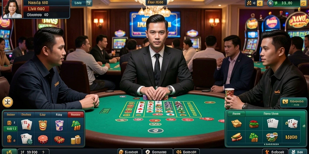 Screenshot memperlihatkan fitur live dealer yang interaktif.